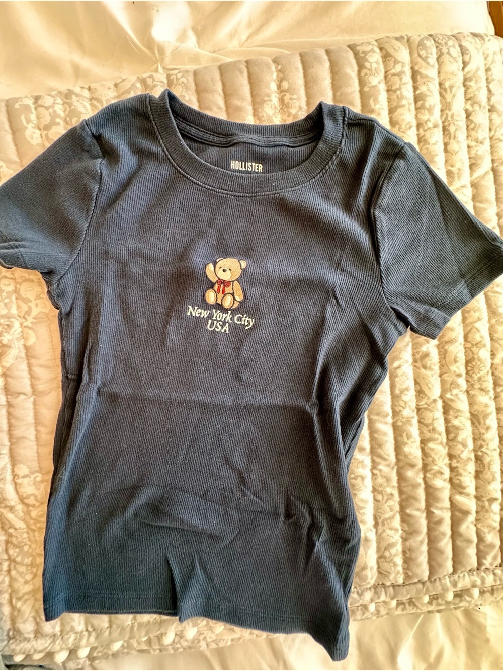 Hollister Navy Blue Short-Sleeve Tee with Teddy Bear Embroidery